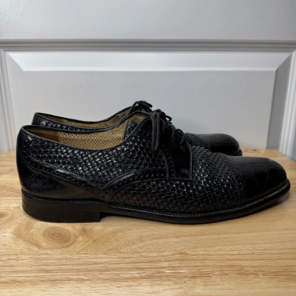 Mezlan Men's Crocodile Black Leather Woven Cap Toe Oxford Dress Shoes Size 10M